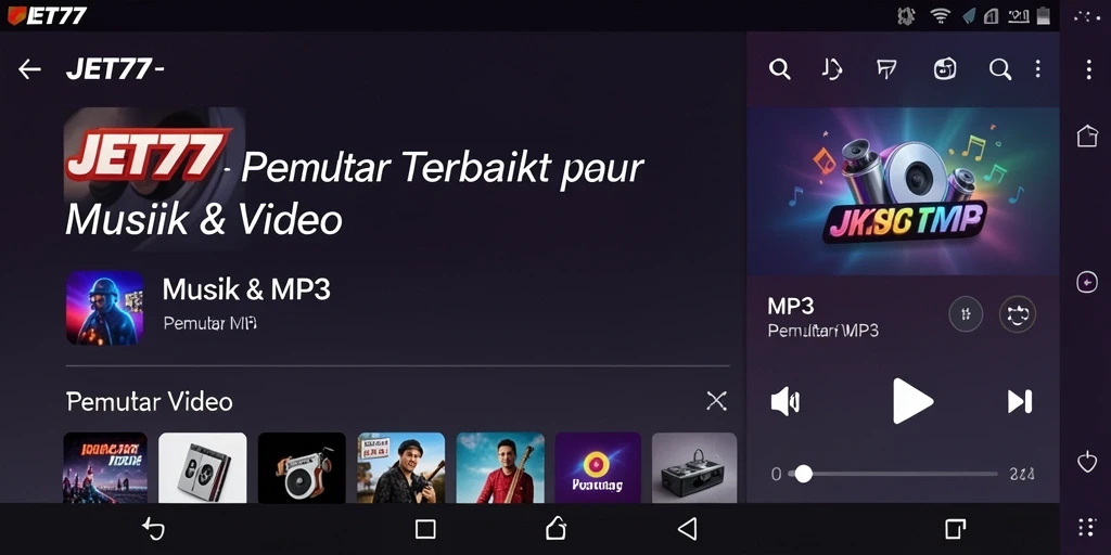 Antarmuka aplikasi JET77 yang responsif dan modern untuk pemutar MP3.